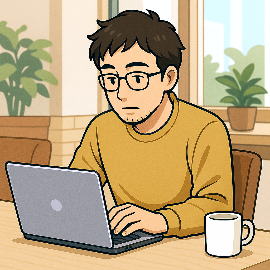 フリーランスの男性がカフェにいる