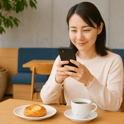 スマホで写真を撮ってSNSにアップする女性